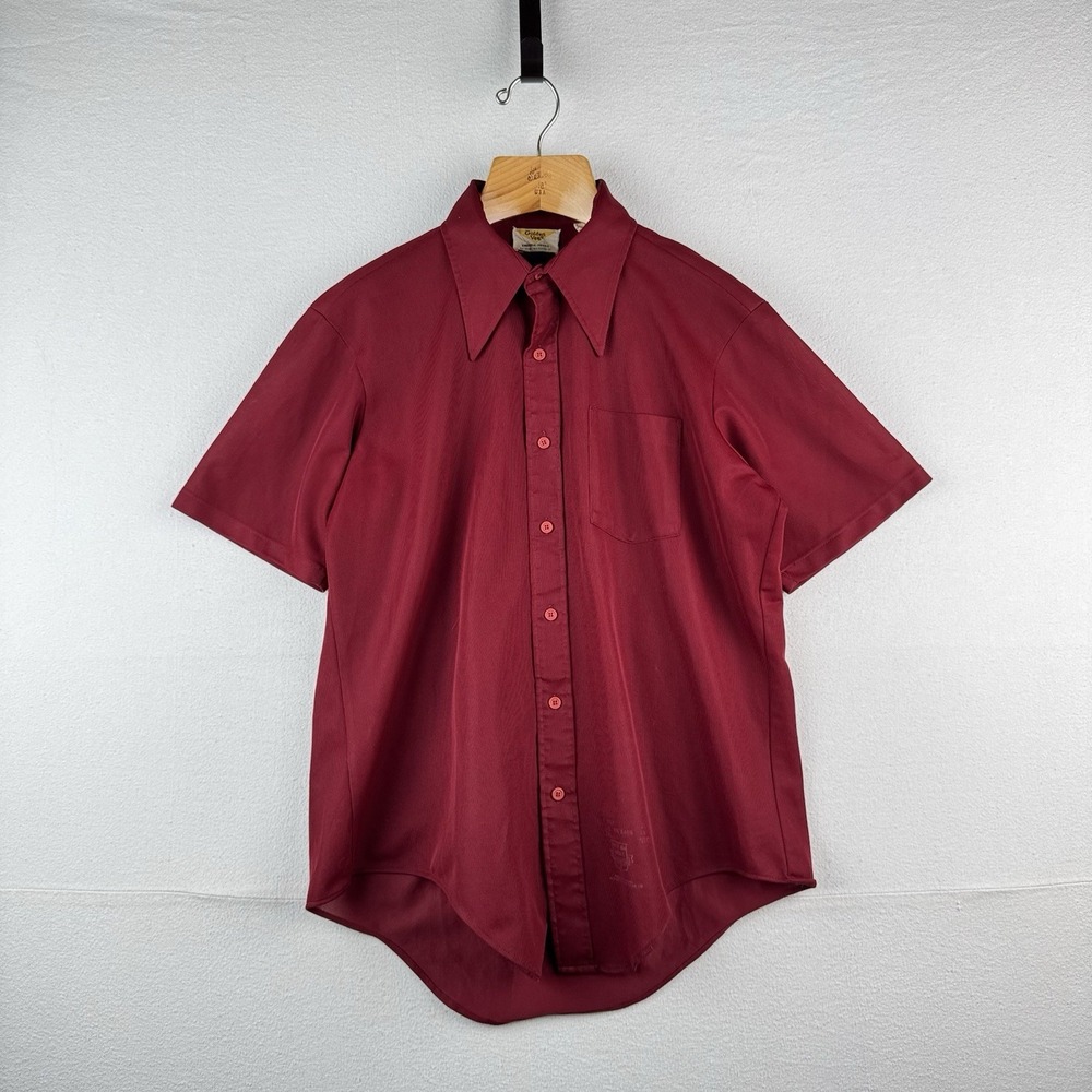 60's Vtg‎ Golden Vee Men's Large Polyester Short Sleeve Maroon Red Button Up USA